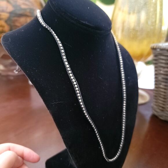 Vintage Boho Beaded Necklace Silver Tone Bead on Black Leather Cord Button Clasp - Picture 3 of 10